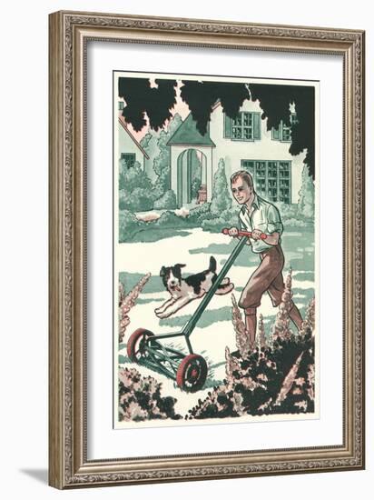 Industrious Boy Mowing Lawn-null-Framed Art Print