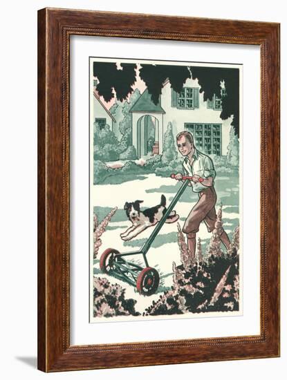 Industrious Boy Mowing Lawn-null-Framed Art Print