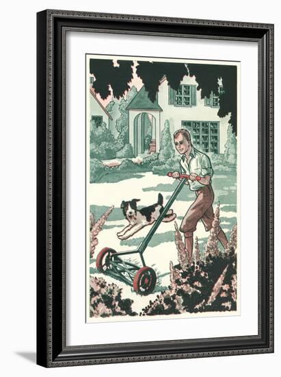 Industrious Boy Mowing Lawn-null-Framed Art Print