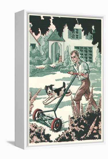 Industrious Boy Mowing Lawn-null-Framed Stretched Canvas