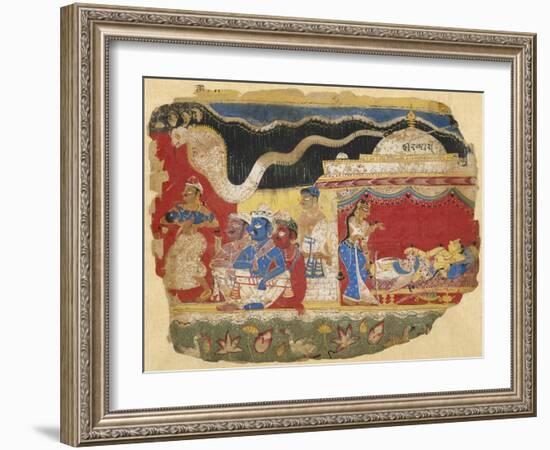 Infant Krishna Spirited Away by Vasudev, from the Dispersed Bhagavatapurana manuscript, circa 1520-Indian School-Framed Giclee Print