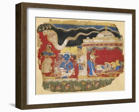 Infant Krishna Spirited Away by Vasudev, from the Dispersed Bhagavatapurana manuscript, circa 1520-Indian School-Framed Giclee Print