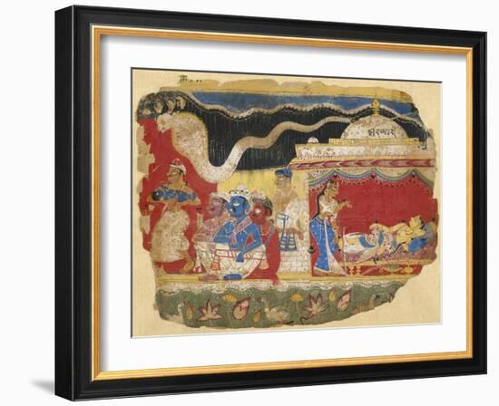 Infant Krishna Spirited Away by Vasudev, from the Dispersed Bhagavatapurana manuscript, circa 1520-Indian School-Framed Giclee Print