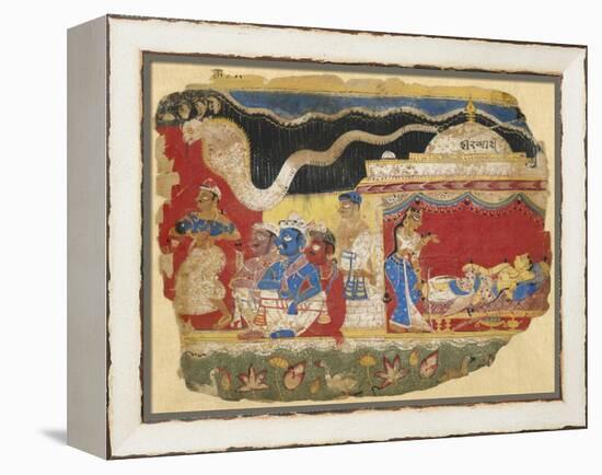 Infant Krishna Spirited Away by Vasudev, from the Dispersed Bhagavatapurana manuscript, circa 1520-Indian School-Framed Premier Image Canvas