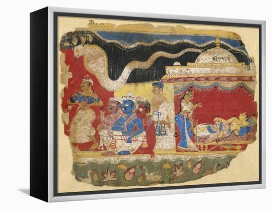 Infant Krishna Spirited Away by Vasudev, from the Dispersed Bhagavatapurana manuscript, circa 1520-Indian School-Framed Premier Image Canvas