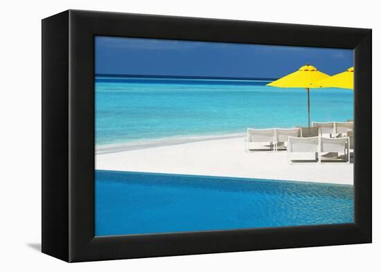 Infinity Pool and Lounge Chairs, Maldives, Indian Ocean, Asia-Sakis Papadopoulos-Framed Premier Image Canvas