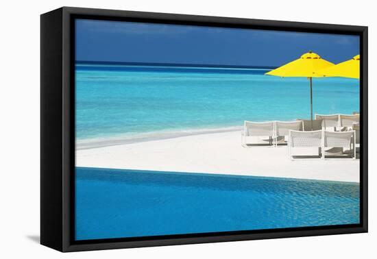 Infinity Pool and Lounge Chairs, Maldives, Indian Ocean, Asia-Sakis Papadopoulos-Framed Premier Image Canvas