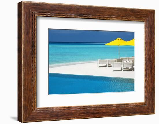 Infinity Pool and Lounge Chairs, Maldives, Indian Ocean, Asia-Sakis Papadopoulos-Framed Photographic Print