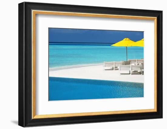 Infinity Pool and Lounge Chairs, Maldives, Indian Ocean, Asia-Sakis Papadopoulos-Framed Photographic Print