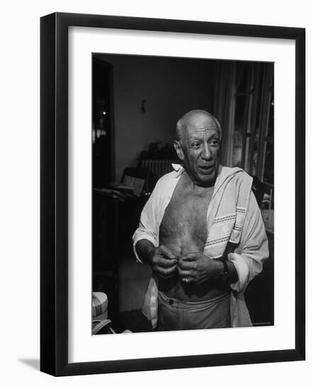 Informal Portrait of Artist Pablo Picasso at Notre Dame de Vie, His Home in Mougins-Gjon Mili-Framed Premium Photographic Print