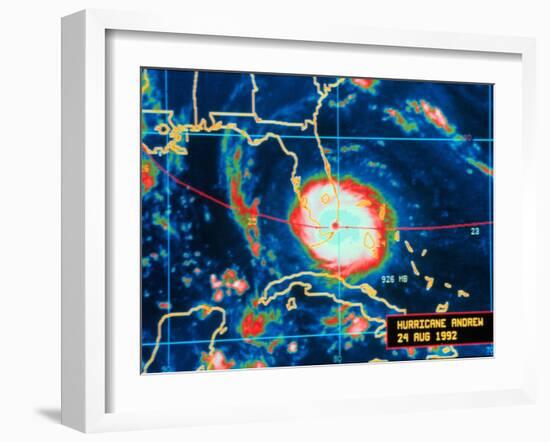 Infrared Image of Hurricane Andrew Crossing the Florida Coast on August 24, 1992-null-Framed Photo