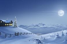 Digital Painting of a Silent Christmas Night in the Snow Covered Mountains.-Inga Nielsen-Photographic Print