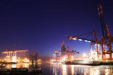 Panorama Image of the Illuminated Cargo Port in Hamburg at Night with Container Terminals, Cargo Sh-Inga Nielsen-Photographic Print