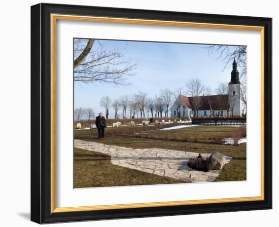 Ingmar Bergman's Grave and Faro Kyrkorad Church, Faro Island Off of Gotland Island, Sweden-Kim Walker-Framed Photographic Print