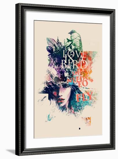 Ink Illustration with Painted Female Face, Birds and Floral Elements-A Frants-Framed Art Print