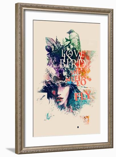 Ink Illustration with Painted Female Face, Birds and Floral Elements-A Frants-Framed Art Print