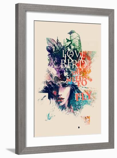 Ink Illustration with Painted Female Face, Birds and Floral Elements-A Frants-Framed Art Print