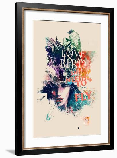 Ink Illustration with Painted Female Face, Birds and Floral Elements-A Frants-Framed Art Print