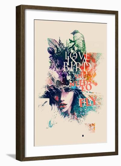 Ink Illustration with Painted Female Face, Birds and Floral Elements-A Frants-Framed Art Print