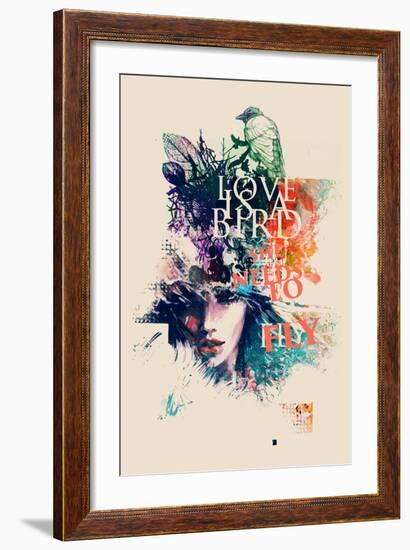 Ink Illustration with Painted Female Face, Birds and Floral Elements-A Frants-Framed Art Print