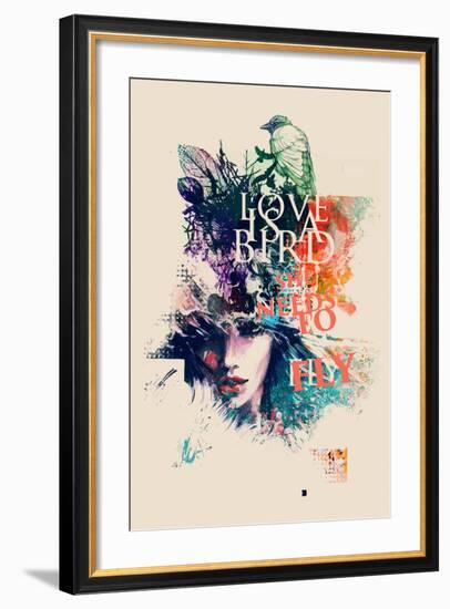 Ink Illustration with Painted Female Face, Birds and Floral Elements-A Frants-Framed Art Print