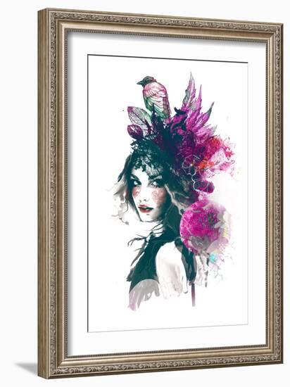 Ink Illustration with Painted Girl, Birds and Leafs-A Frants-Framed Art Print