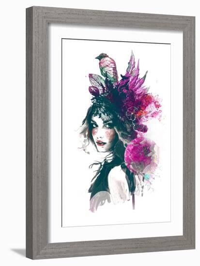 Ink Illustration with Painted Girl, Birds and Leafs-A Frants-Framed Art Print