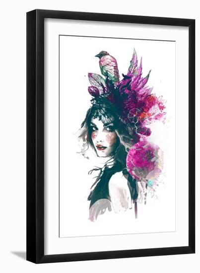 Ink Illustration with Painted Girl, Birds and Leafs-A Frants-Framed Art Print