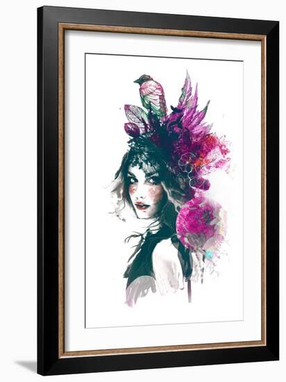 Ink Illustration with Painted Girl, Birds and Leafs-A Frants-Framed Art Print