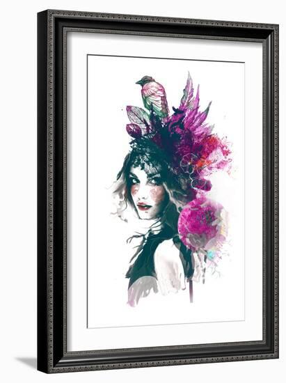 Ink Illustration with Painted Girl, Birds and Leafs-A Frants-Framed Art Print