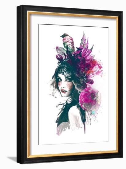 Ink Illustration with Painted Girl, Birds and Leafs-A Frants-Framed Art Print