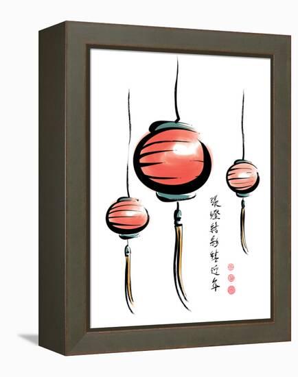 Ink Painting Of Chinese Lantern With Greeting Calligraphy-yienkeat-Framed Stretched Canvas