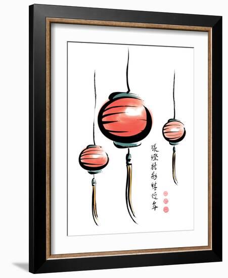 Ink Painting Of Chinese Lantern With Greeting Calligraphy-yienkeat-Framed Art Print