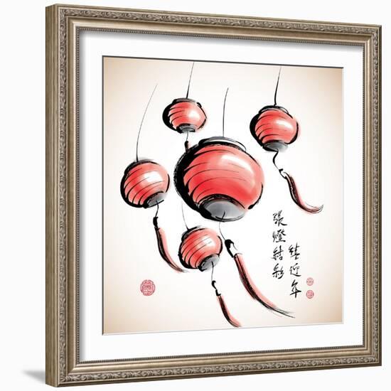 Ink Painting of Chinese Lantern with Greeting Calligraphy-yienkeat-Framed Art Print