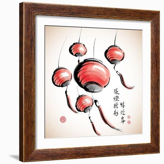 Ink Painting of Chinese Lantern with Greeting Calligraphy-yienkeat-Framed Art Print