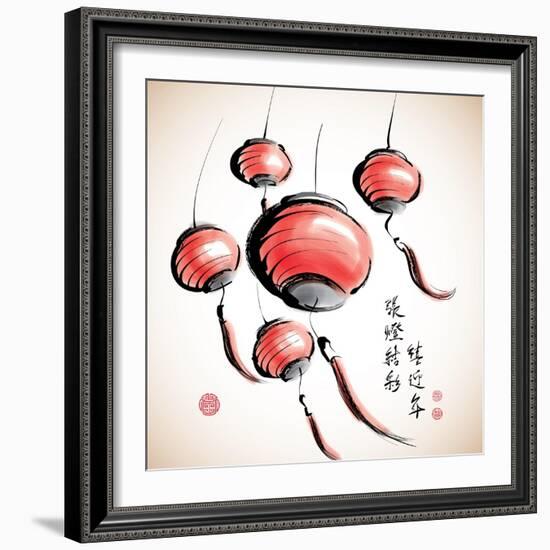Ink Painting of Chinese Lantern with Greeting Calligraphy-yienkeat-Framed Art Print