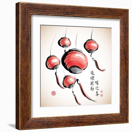 Ink Painting of Chinese Lantern with Greeting Calligraphy-yienkeat-Framed Art Print