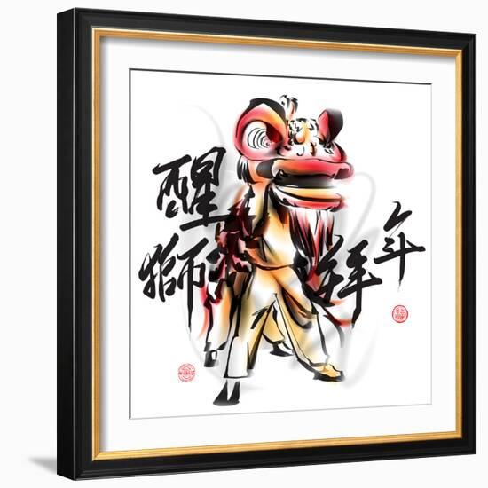 Ink Painting Of Chinese Lion Dance. Translation Of Chinese Text: The Consciousness Of Lion-yienkeat-Framed Premium Giclee Print