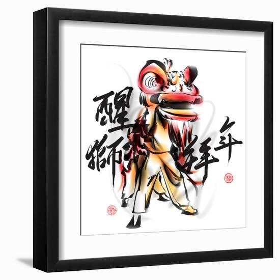 Ink Painting Of Chinese Lion Dance. Translation Of Chinese Text: The Consciousness Of Lion-yienkeat-Framed Art Print