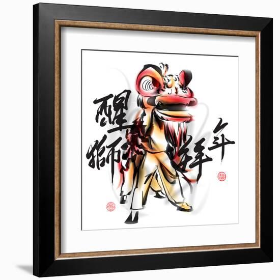 Ink Painting Of Chinese Lion Dance. Translation Of Chinese Text: The Consciousness Of Lion-yienkeat-Framed Art Print