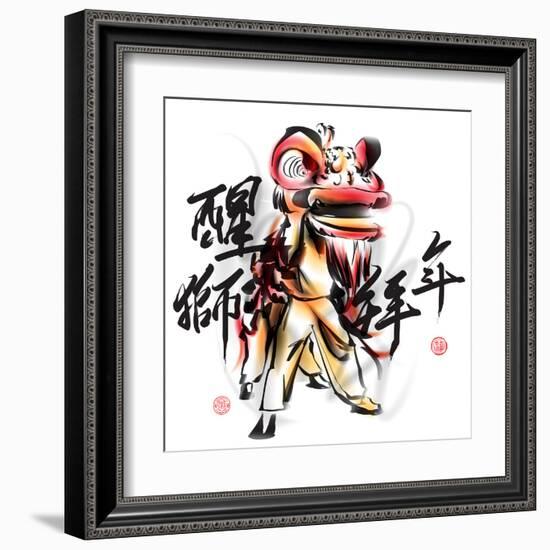 Ink Painting Of Chinese Lion Dance. Translation Of Chinese Text: The Consciousness Of Lion-yienkeat-Framed Art Print