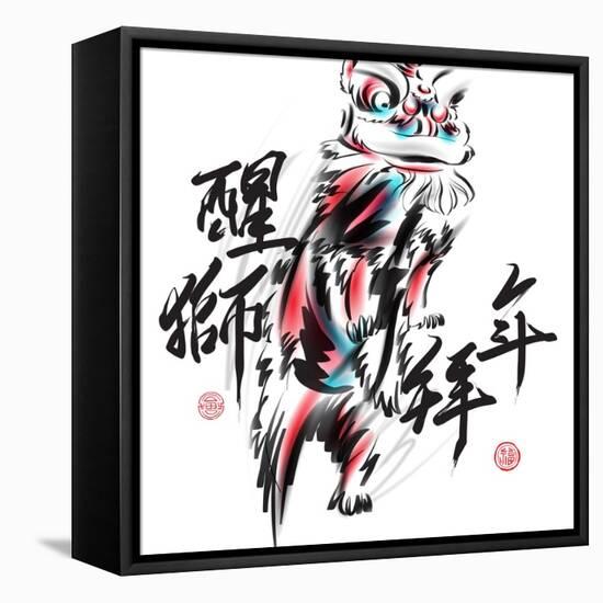 Ink Painting Of Chinese Lion Dance. Translation Of Chinese Text: The Consciousness Of Lion-yienkeat-Framed Stretched Canvas