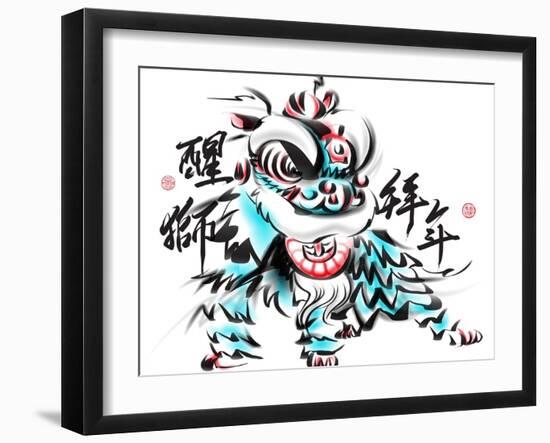 Ink Painting Of Chinese Lion Dance. Translation Of Chinese Text: The Consciousness Of Lion-yienkeat-Framed Art Print