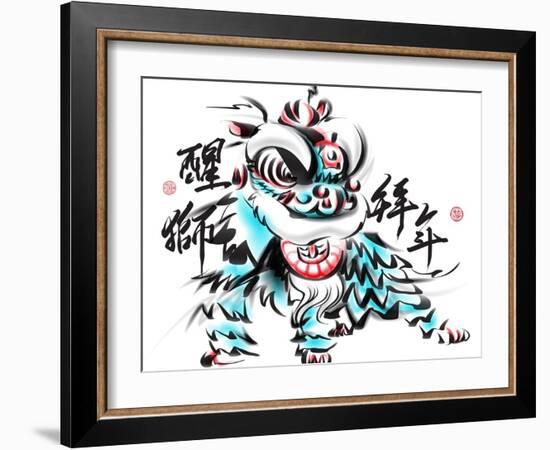 Ink Painting Of Chinese Lion Dance. Translation Of Chinese Text: The Consciousness Of Lion-yienkeat-Framed Art Print