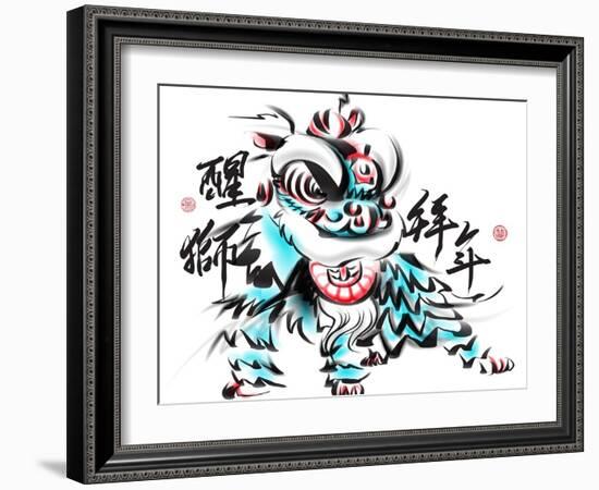 Ink Painting Of Chinese Lion Dance. Translation Of Chinese Text: The Consciousness Of Lion-yienkeat-Framed Art Print