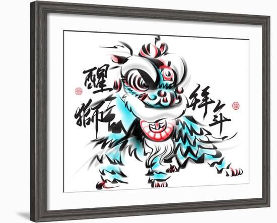 Ink Painting Of Chinese Lion Dance. Translation Of Chinese Text: The Consciousness Of Lion-yienkeat-Framed Art Print