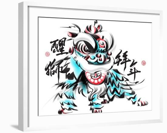 Ink Painting Of Chinese Lion Dance. Translation Of Chinese Text: The Consciousness Of Lion-yienkeat-Framed Art Print