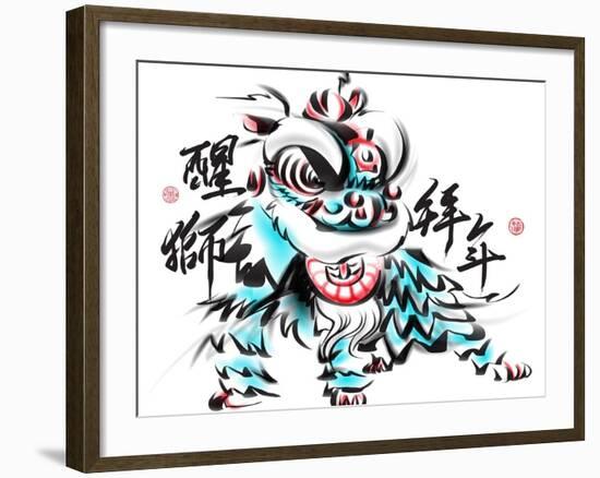 Ink Painting Of Chinese Lion Dance. Translation Of Chinese Text: The Consciousness Of Lion-yienkeat-Framed Art Print