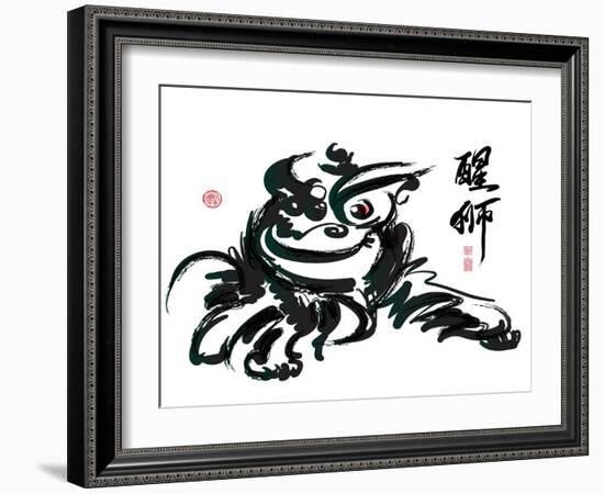 Ink Painting Of Chinese Lion Dance Translation Of Chinese Text: The Consciousness Of Lion-yienkeat-Framed Art Print