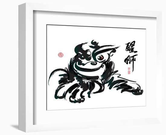 Ink Painting Of Chinese Lion Dance Translation Of Chinese Text: The Consciousness Of Lion-yienkeat-Framed Art Print